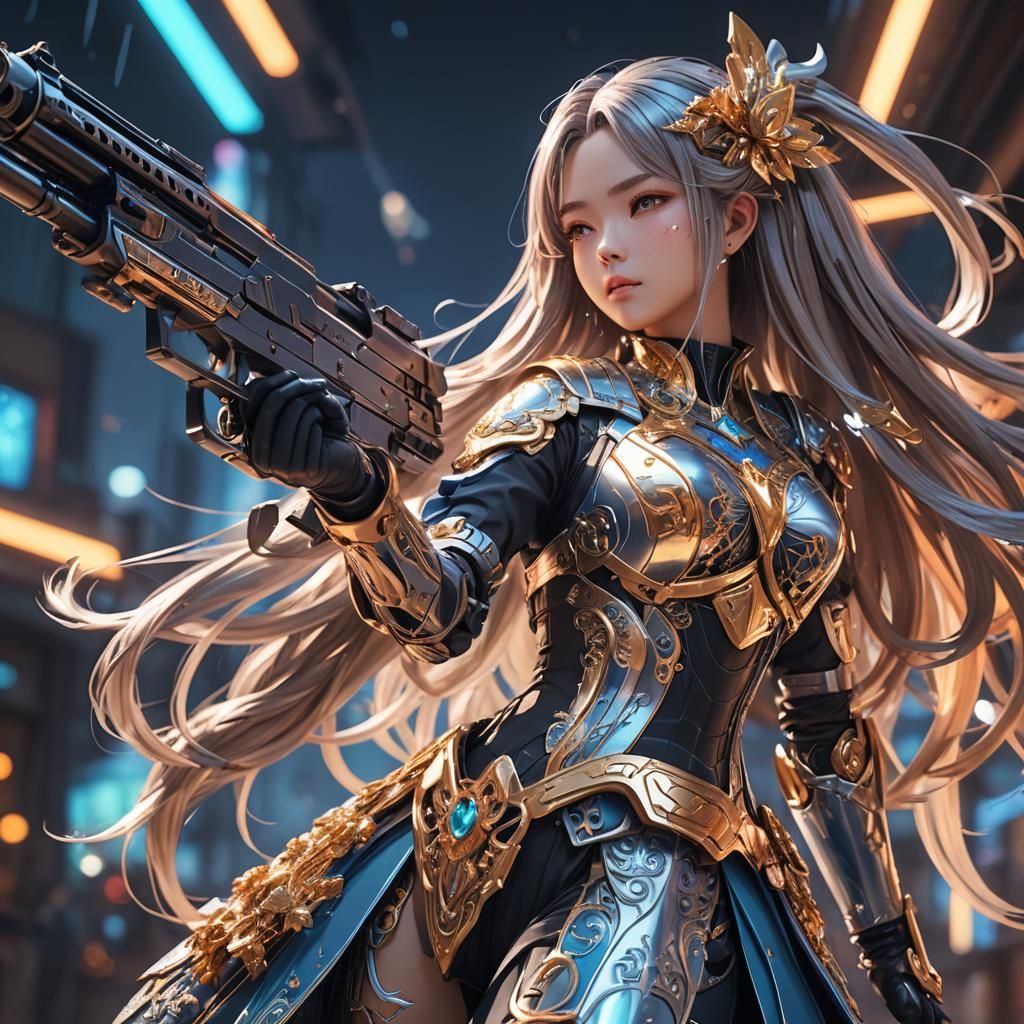Anime Girl with Gun in Futuristic 3D Art