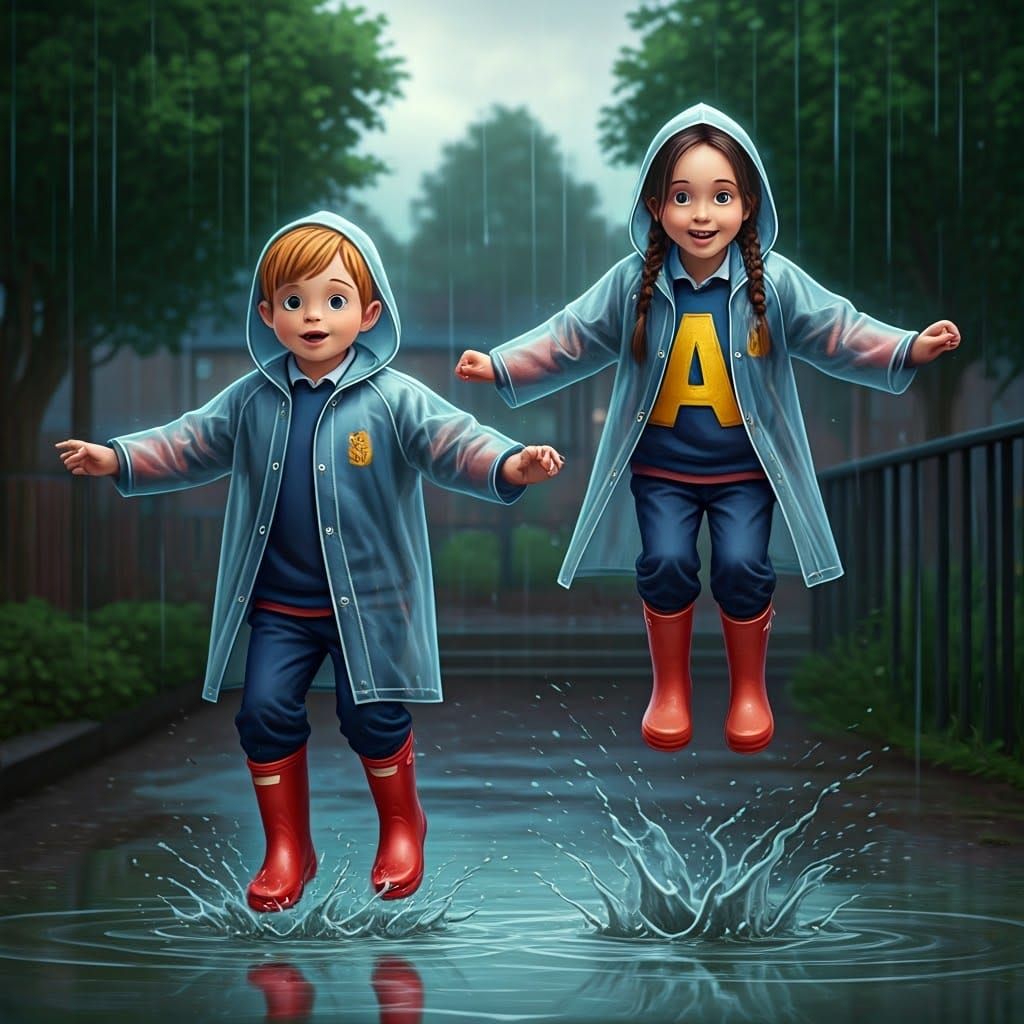 Children Play in Rainy School Playground