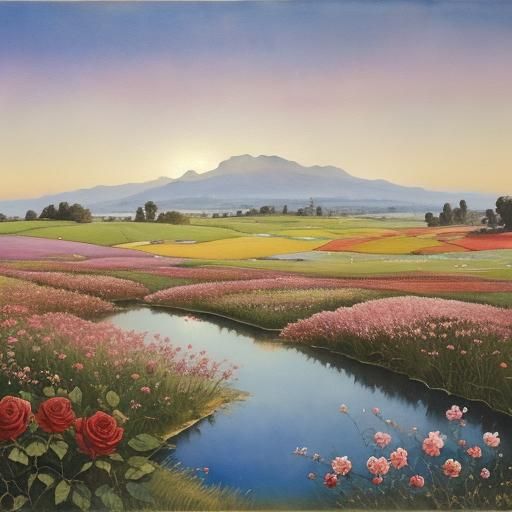 Watercolor Meadow at Dawn in Surreal Style