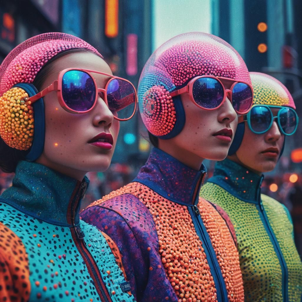 Pointillist Giants in Retro-Futuristic Cityscape