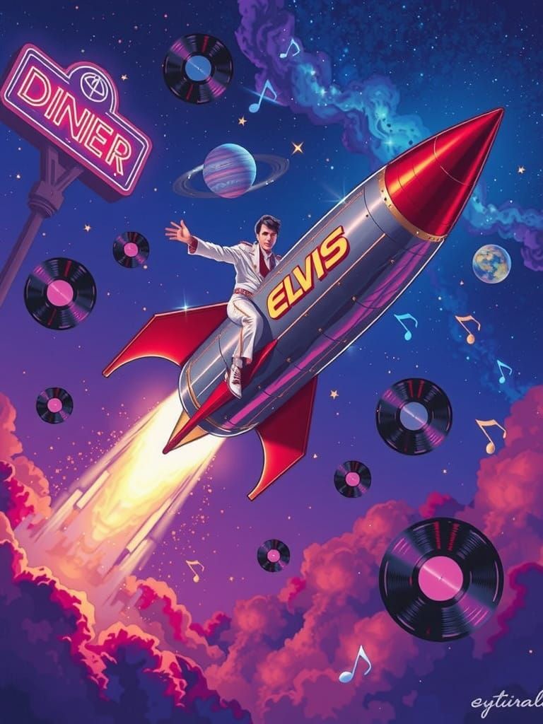 Retro-Futuristic Elvis Rocket Soars Through Cosmic Sky