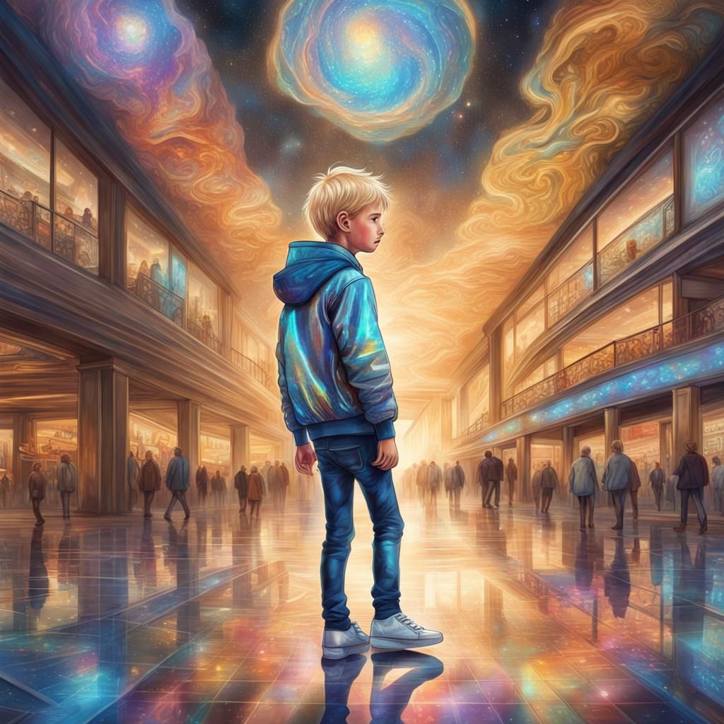 Boy with Guinness Jacket in Mall, Astral Illustration