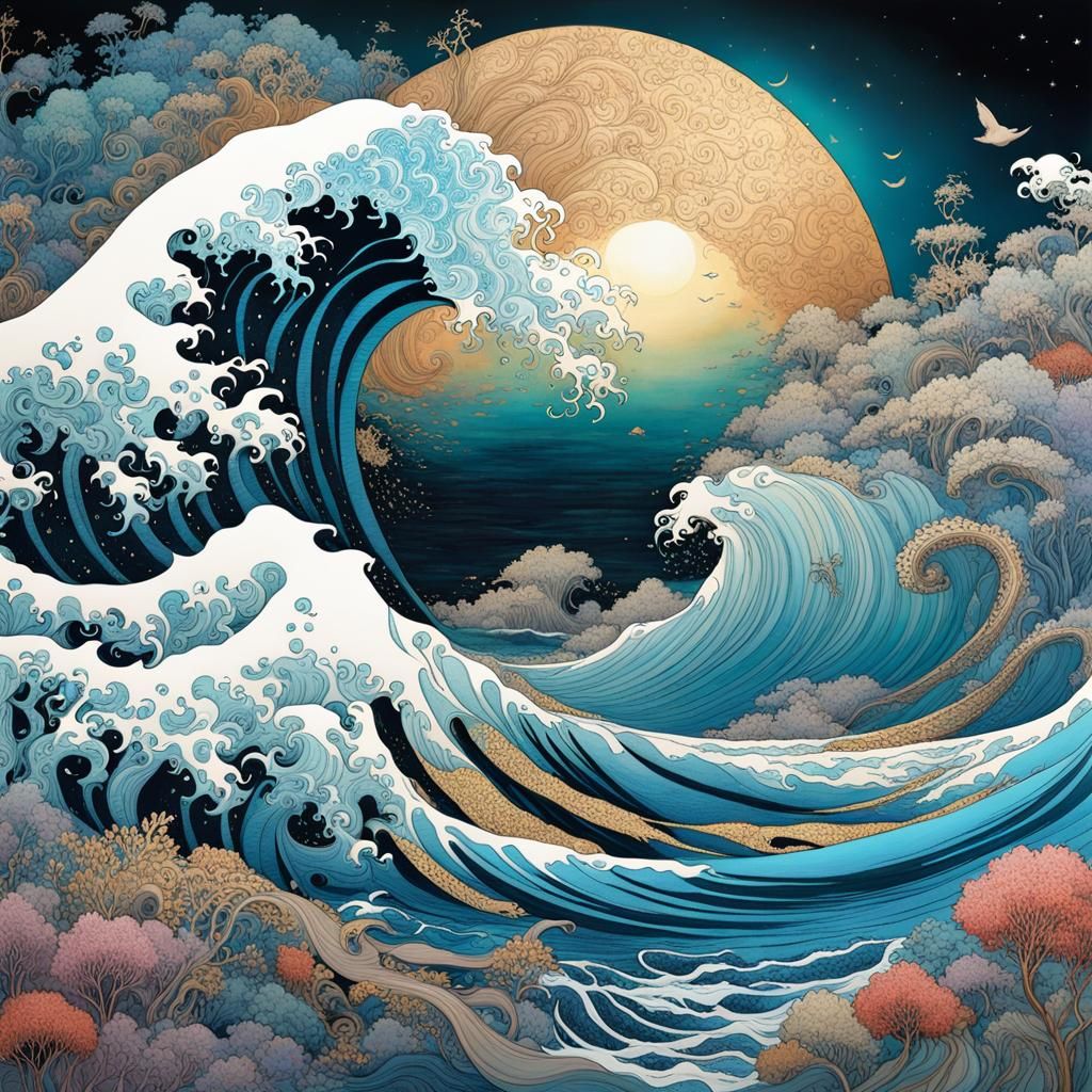 Japanese Seascape with Rolling Waves in Manhwa Style