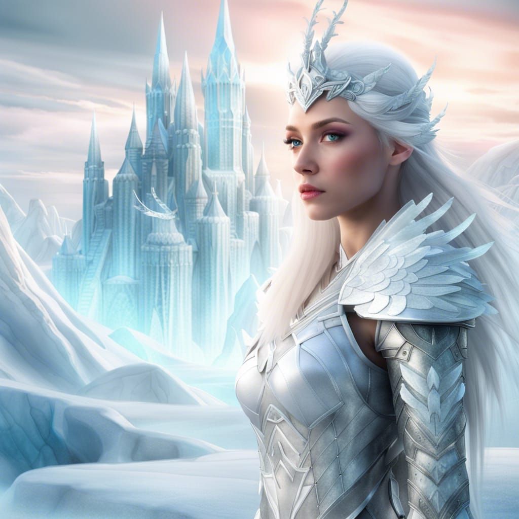 Angelic Ice Warrior in Frozen Aurora Landscape