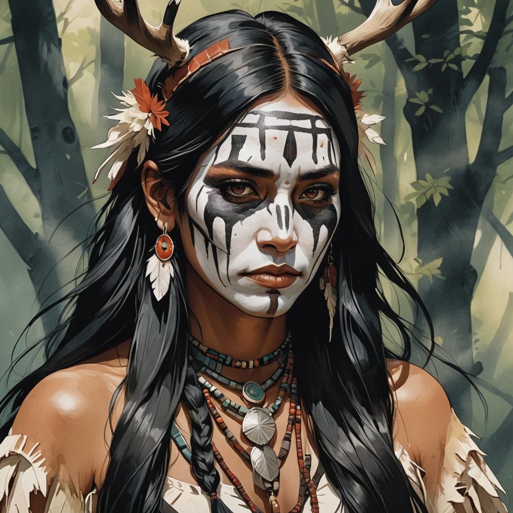 Native American Woman Portrait in Anime Style