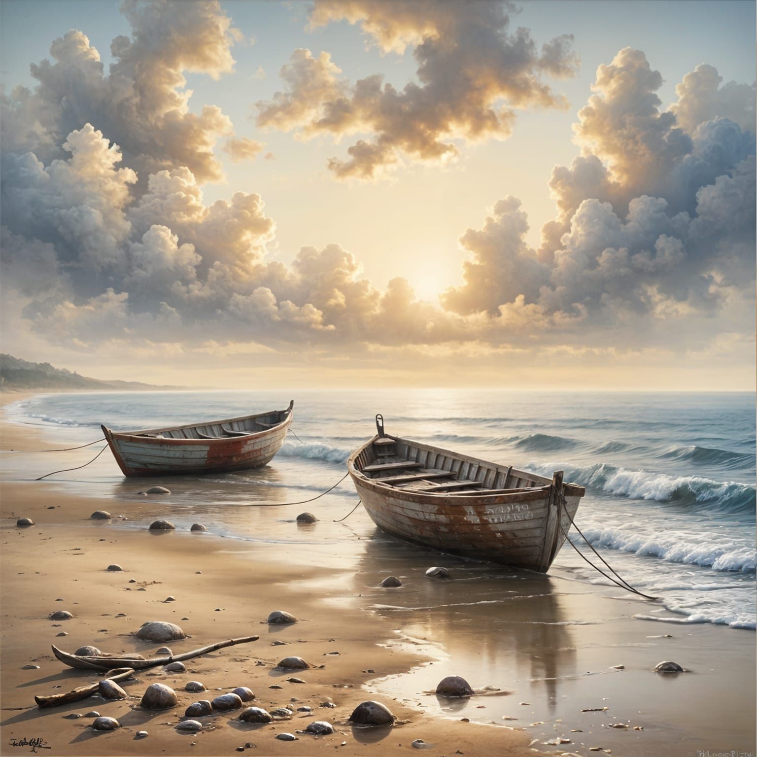 Impressionist Coastal Sunset with Weathered Boats