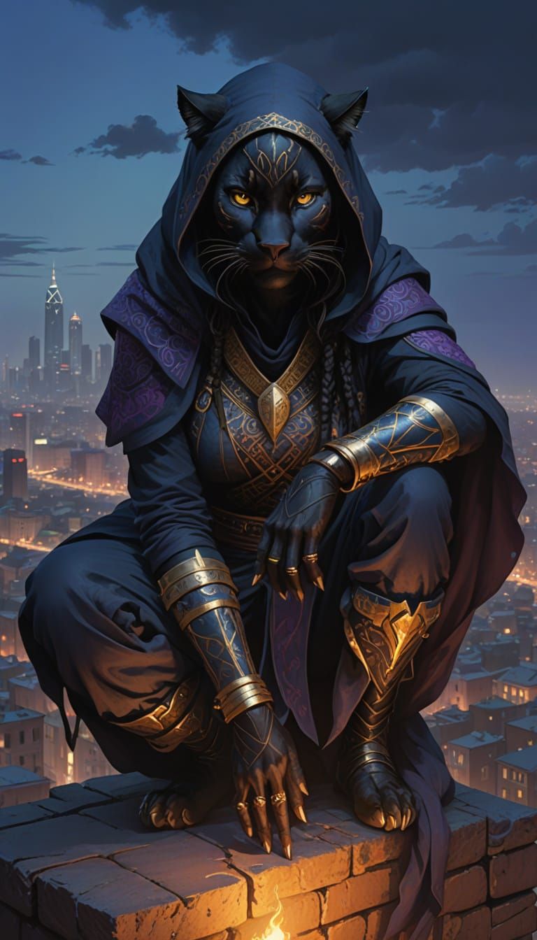 Sultry Nightscape Rogue in Arabesque Attire, Perched atop Gu...