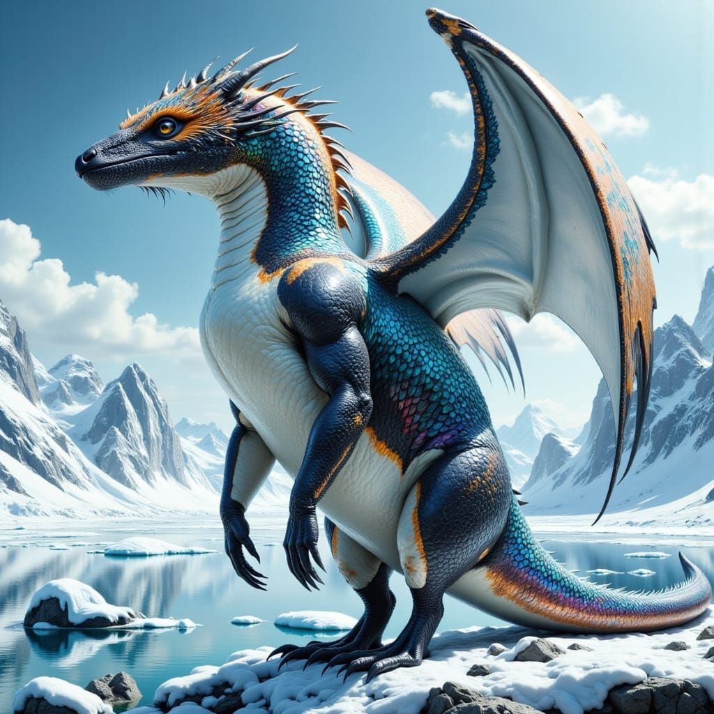 Cyberpunk Dragon Penguin Hybrid in Majestic Icy Landscape