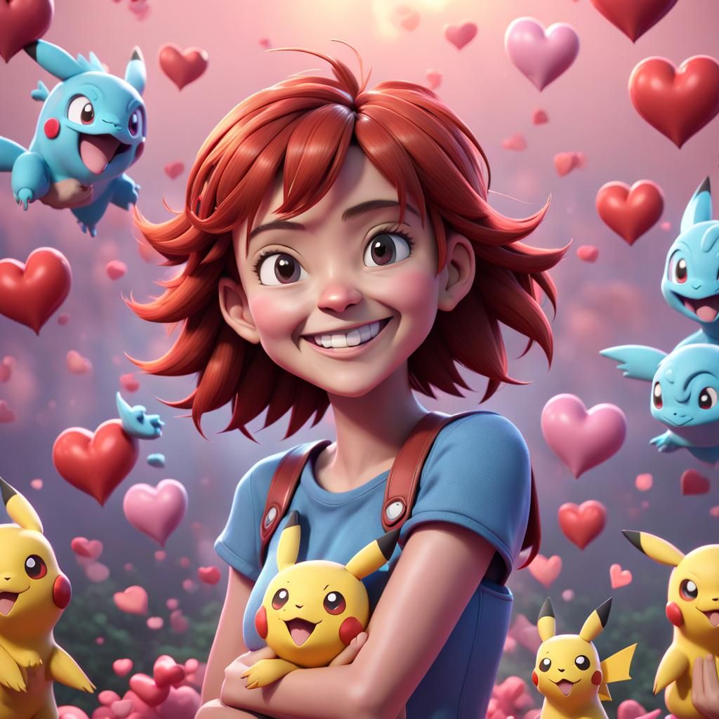 Misty Surrounded by Hearts: 3D Digital Art