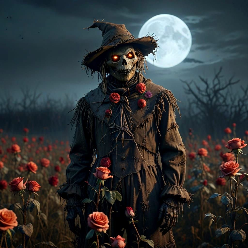 Eerie Scarecrow in Withered Rose Field
