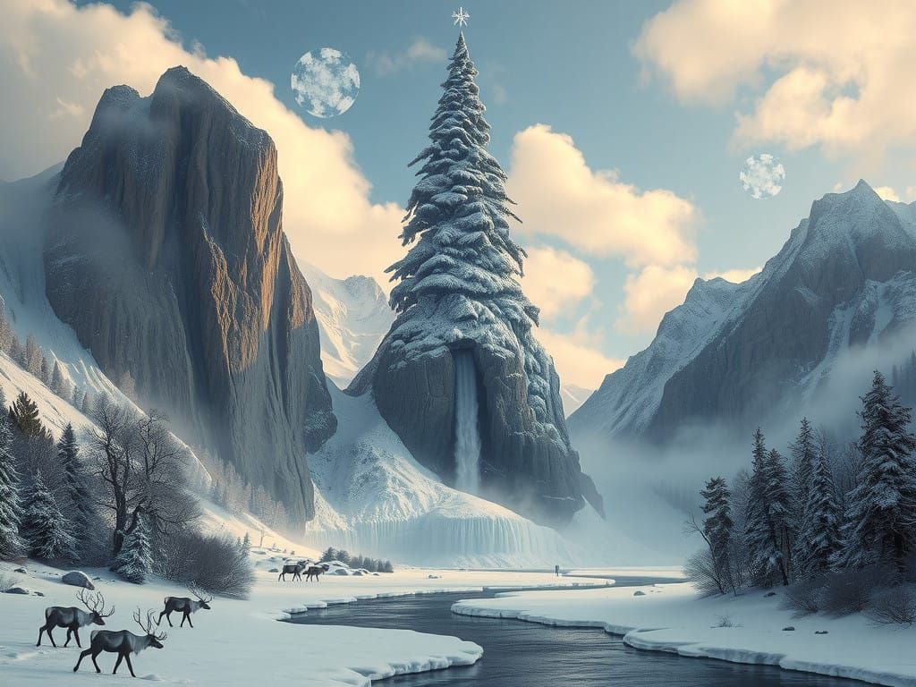 Surreal Winter Wonderland of Majestic Stone Christmas Tree