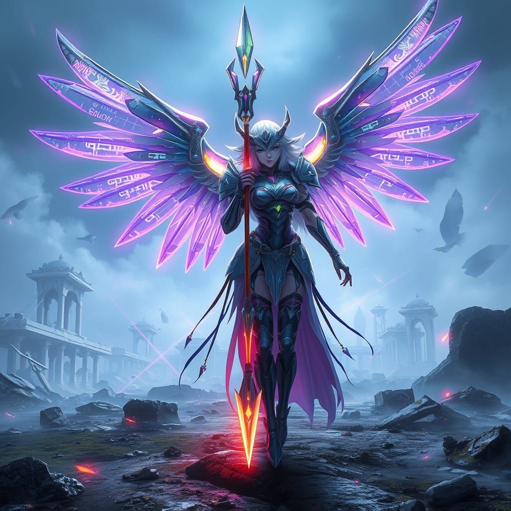 Cybernetic Valkyrie Warrior on Misty Battlefield