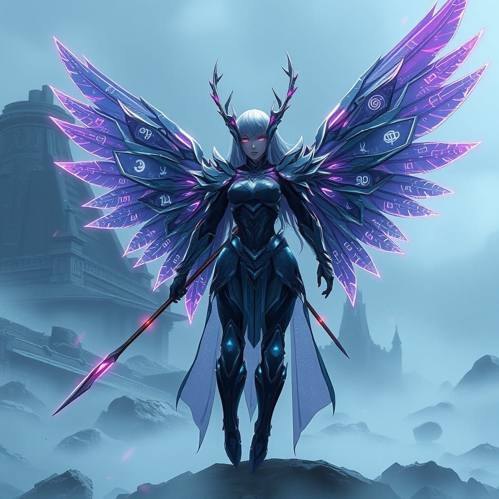 Cybernetic Valkyrie Warrior on Misty Battlefield