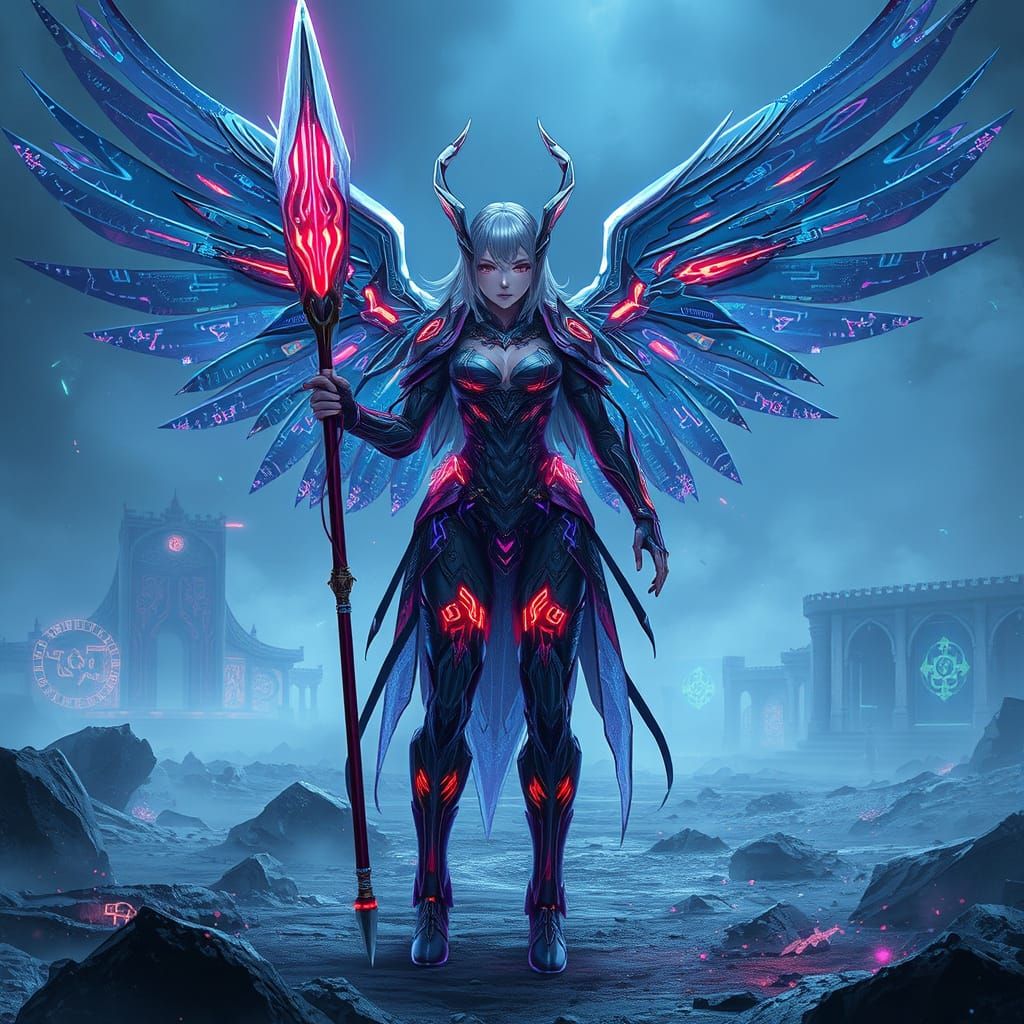 Cybernetic Valkyrie Warrior on Misty Battlefield