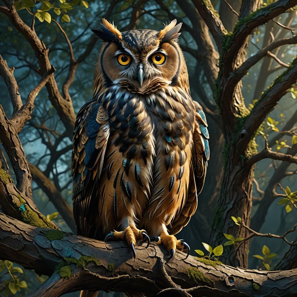 Owl Portrait on Gnarled Branch in Matte Painting Style
