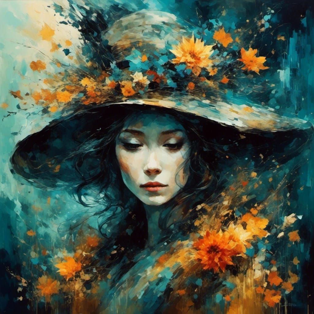 Woman with Hat in Abstract Expressionist Style