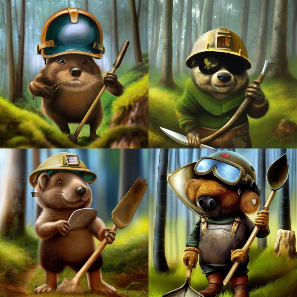 Cute Mole Miner in Mossy Forest, Digital Painting