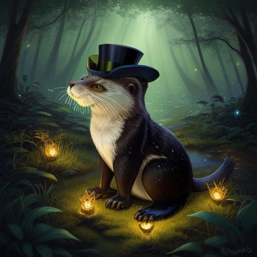 Otter Conducting Fireflies in Forest Clearing