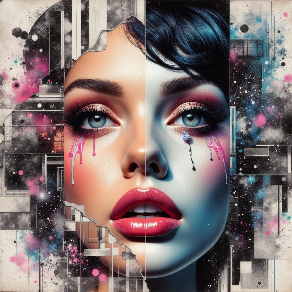 Vulnerable Woman with Glitch Art Tears