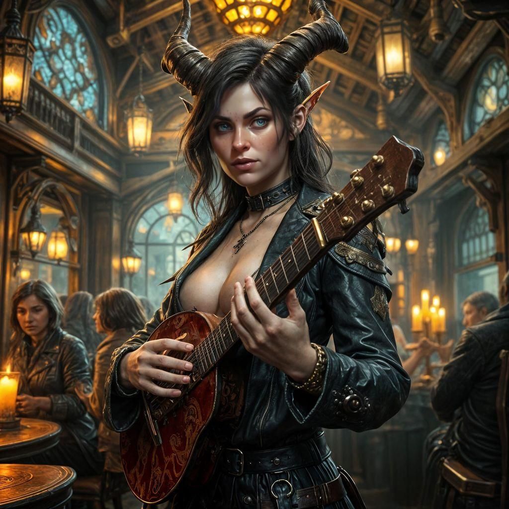 Epic Female Demon Bard in Fantasy Tavern