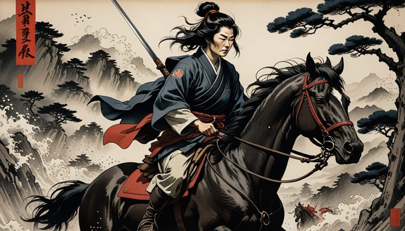 Tomoe Gozen Charging into Battle as Sumi-e