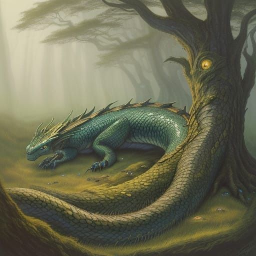 Mystical Alpine Dragon Encounters Ancient Tree