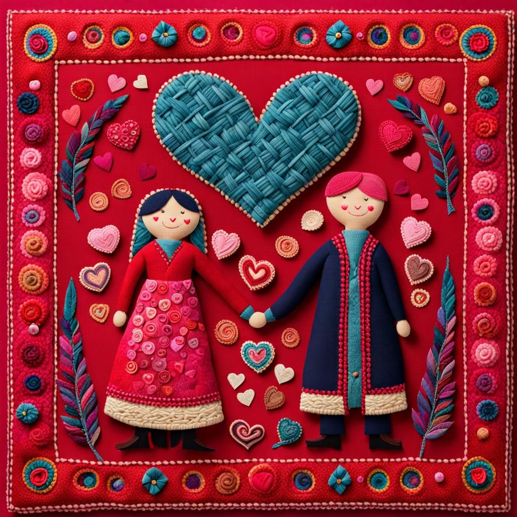Valentine's Day Card: Happy Couple in Textile Art