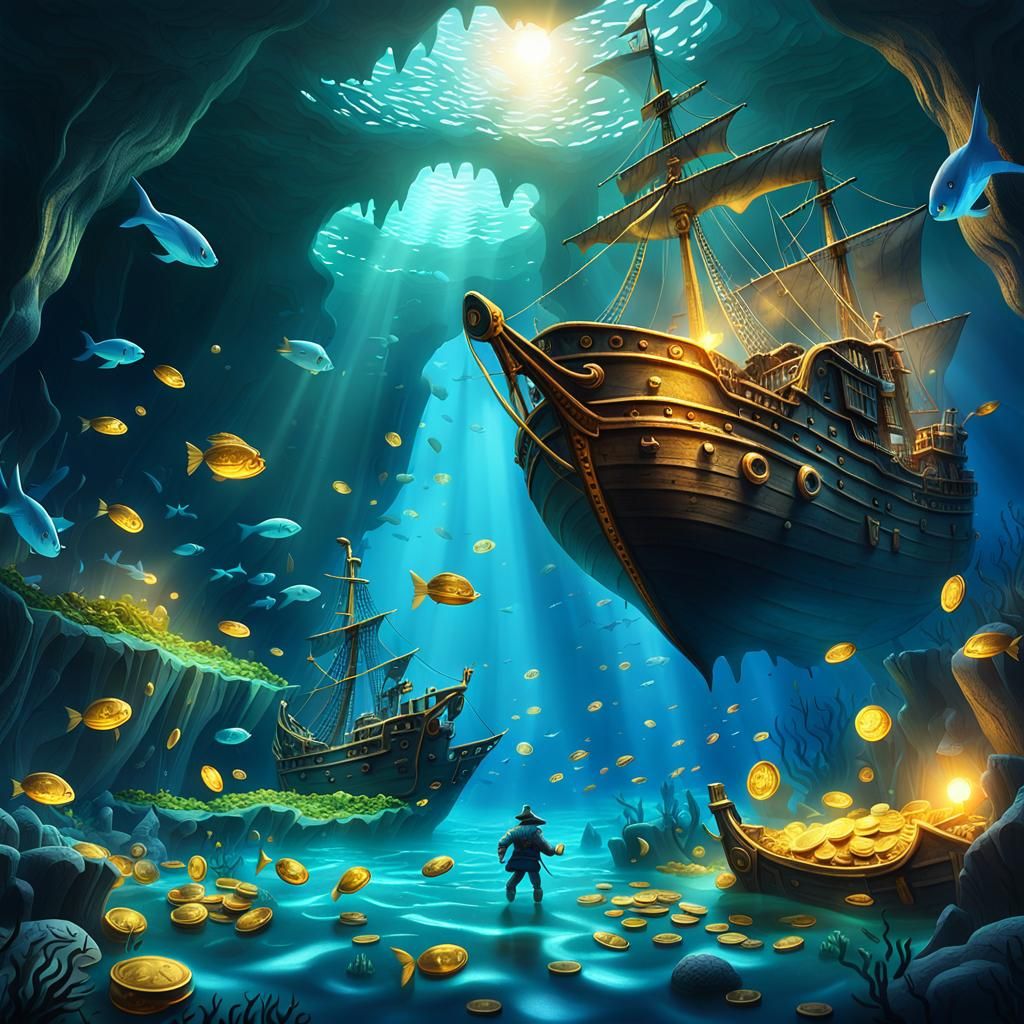 Sunken Pirate Ship Treasure in Underwater Grotto