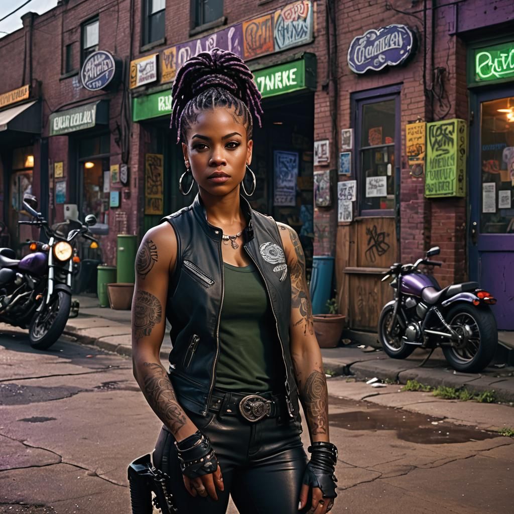 Biker Woman in Auto Shop: Matte Painting Concept Art