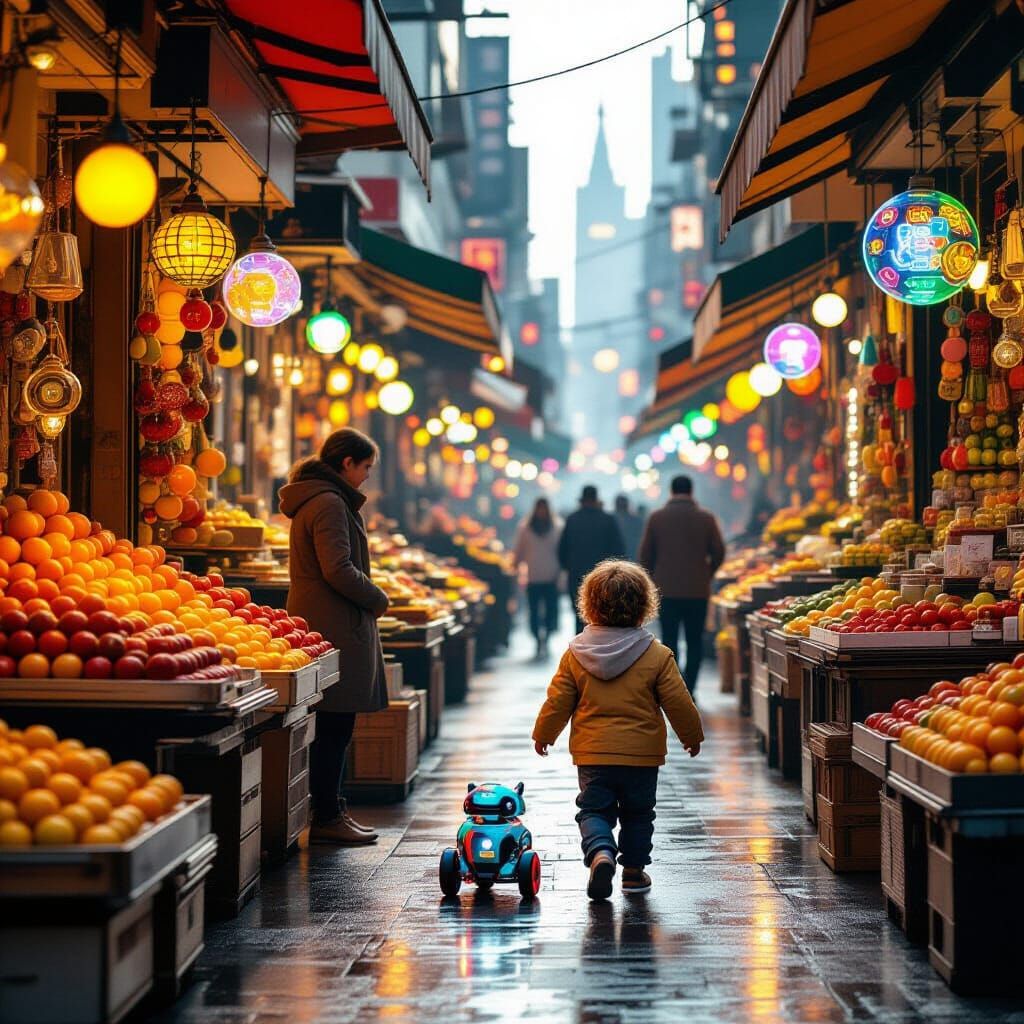 Retro-Futuristic City Market Scene