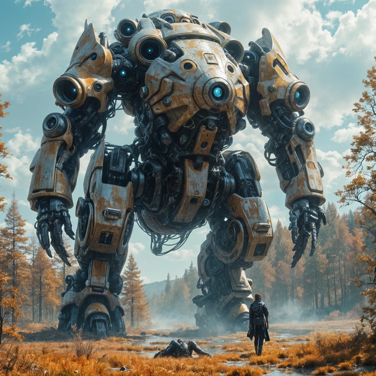 Colossal Mecha in Autumn Clearing as Detailed Sci-Fi Illustr...