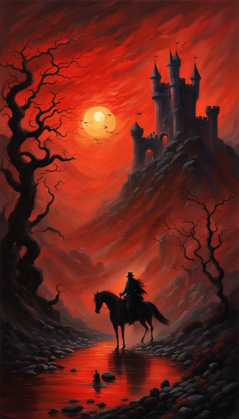 An oil painting depicting a gloomy castle shrouded in a mist...