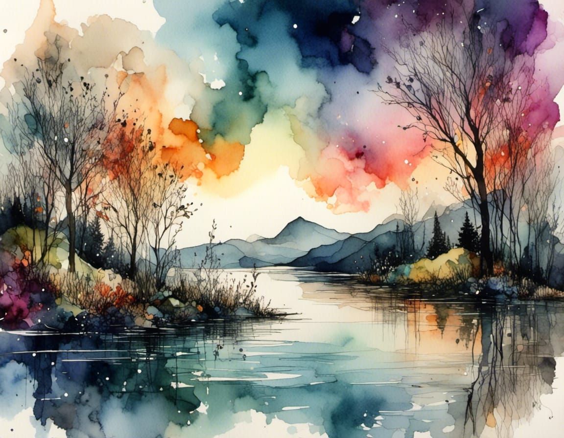 Magical Land with Reflective Water in Watercolor Style