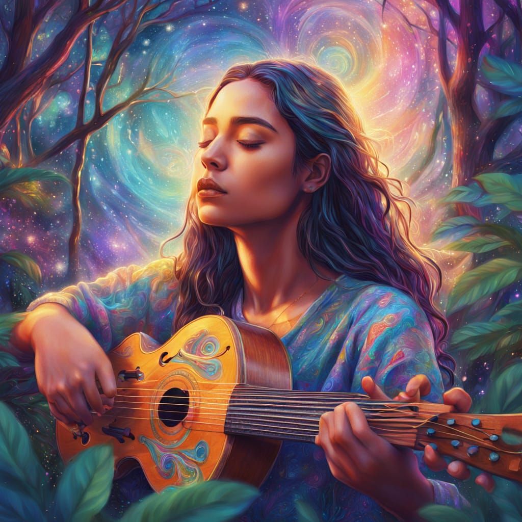 Ethereal Woman Plays Instrument in Cosmic Forest