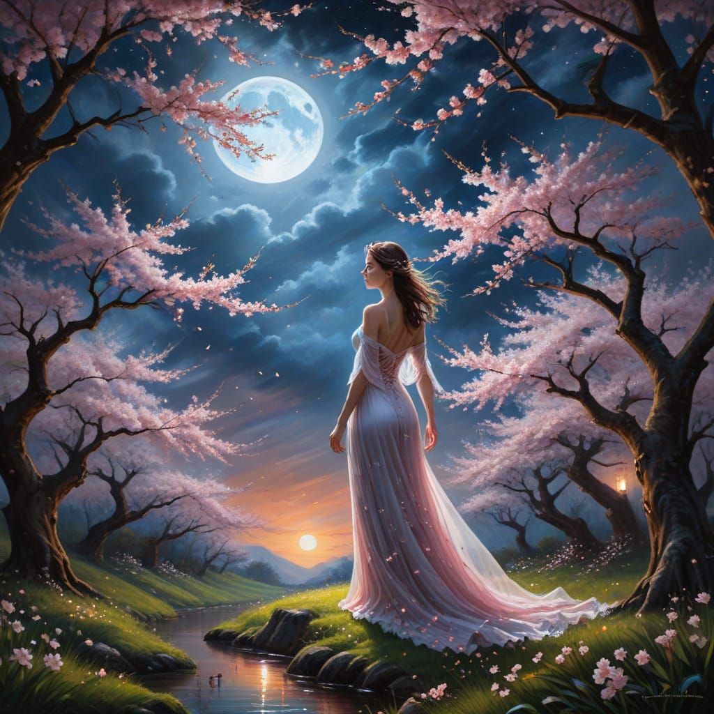 Fantasy Night Scene: Woman in Cherry Blossom Grove