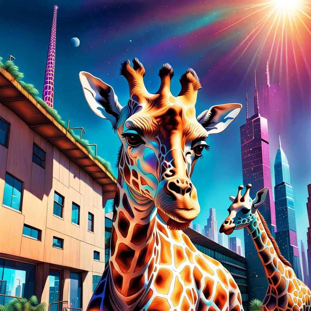 Vibrant Cosmic Giraffe Metropolis in Radiant Solar Light