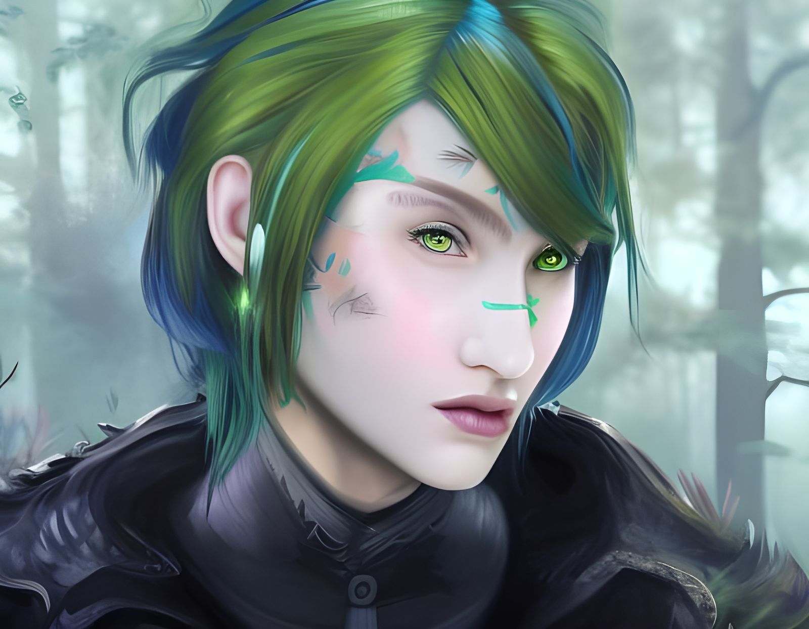 Vibrant Valorant Character Portrait in a Foggy LED Forest