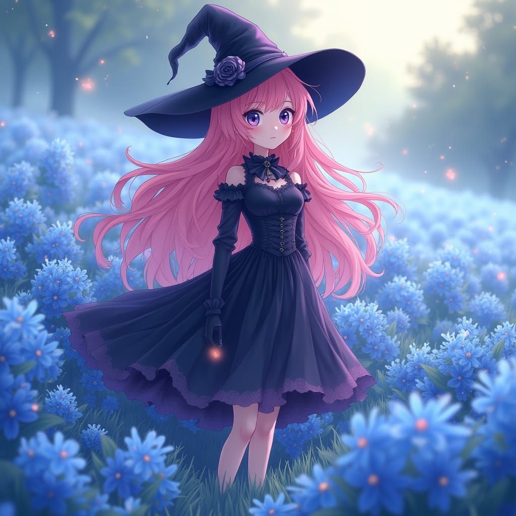 Pink-Haired Witch in Flower Field, Ghibli-Inspired