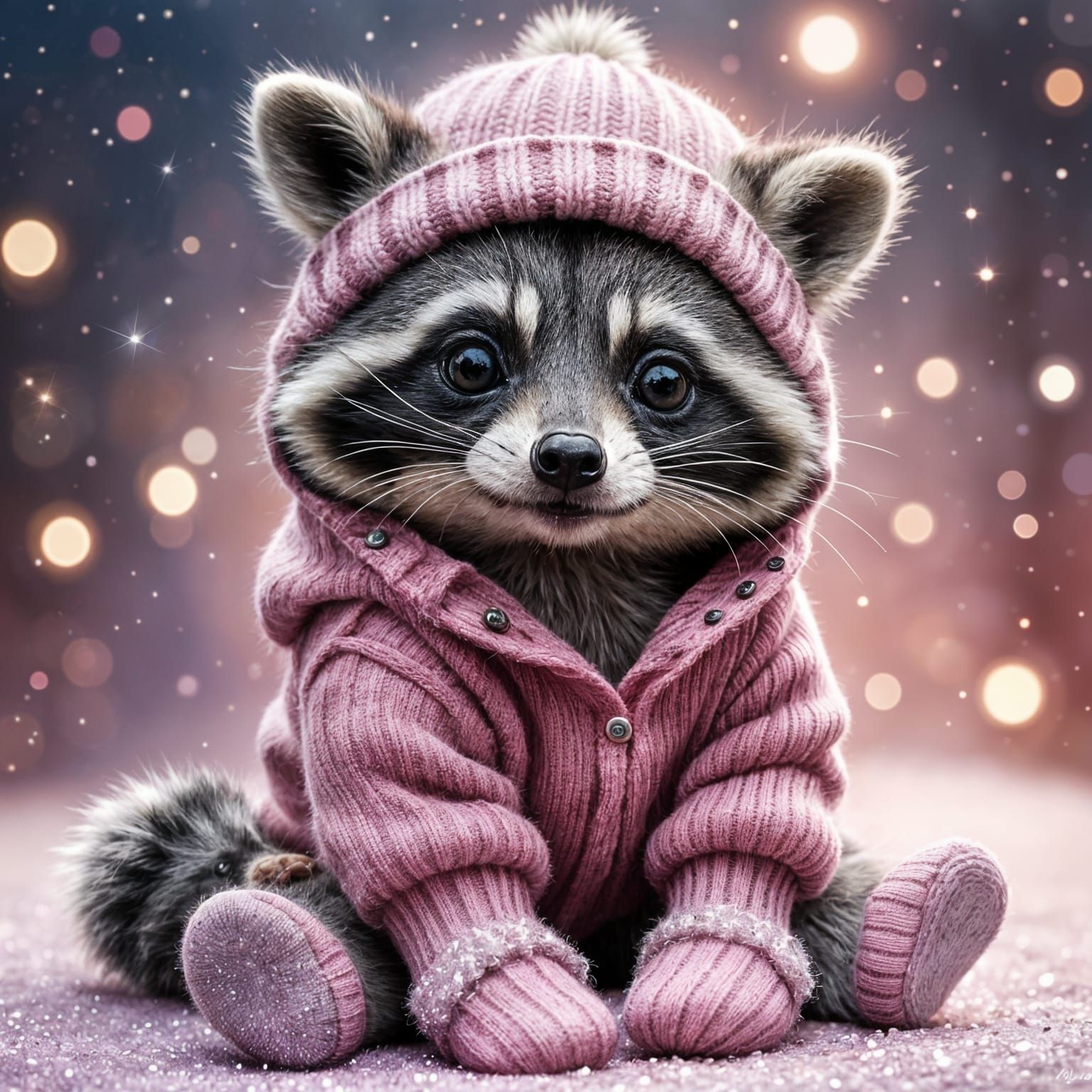 Cozy Baby Raccoon in Sparkling Attire