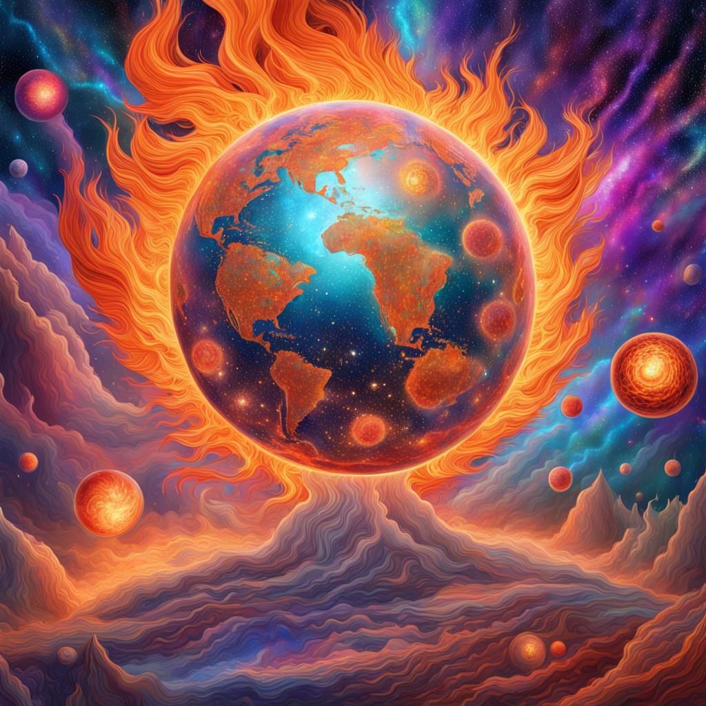 Cosmic Fireballs in Visionary Astral Illustration