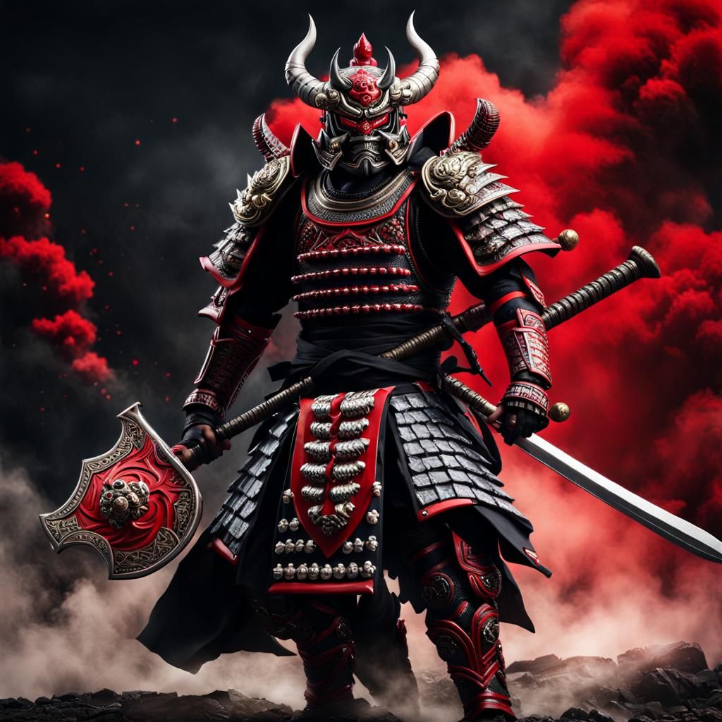 Menacing Oni Samurai Warrior in Hyperdetailed Armour
