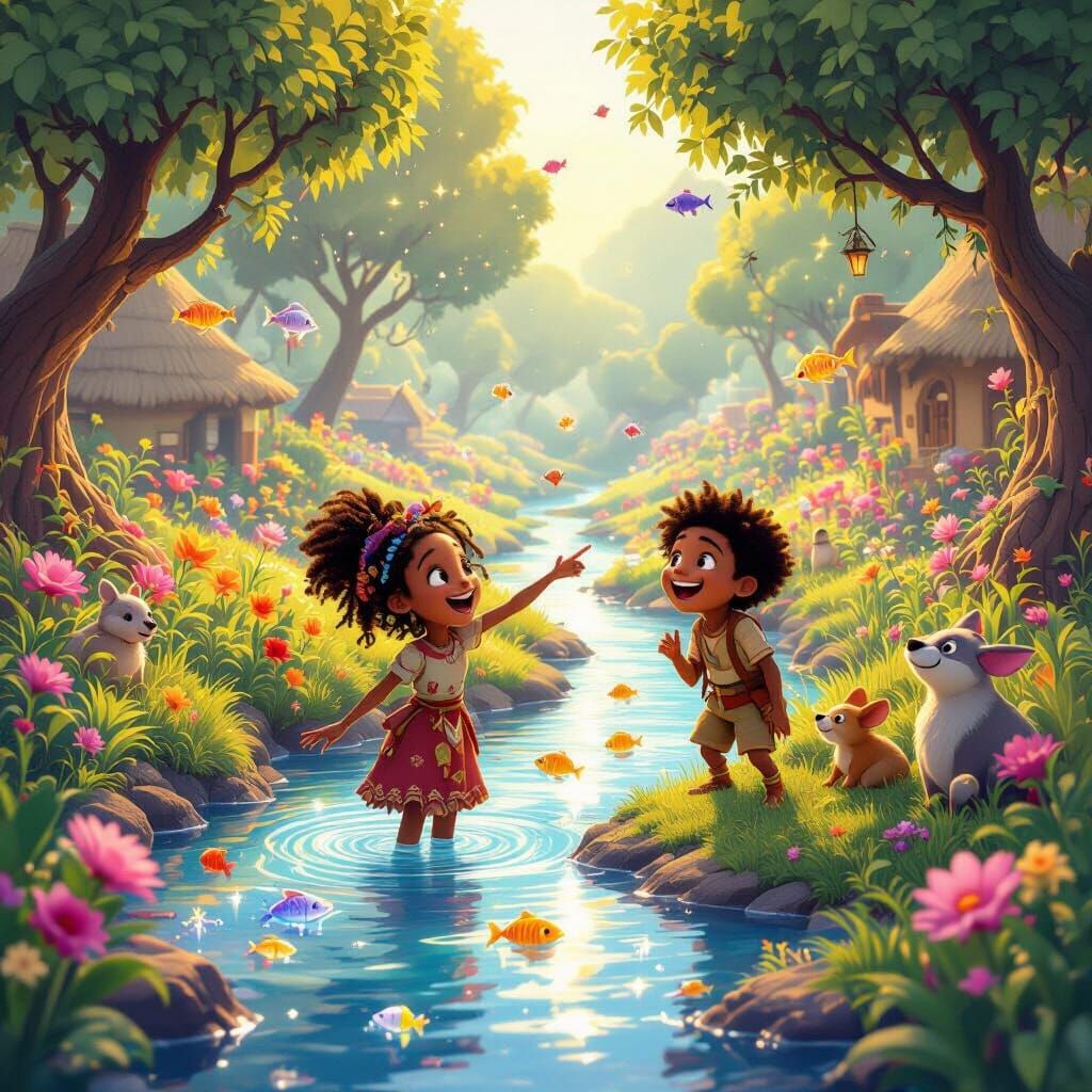 Pixar Style Magical Riverside Dream Scene with Amahle and Ba...