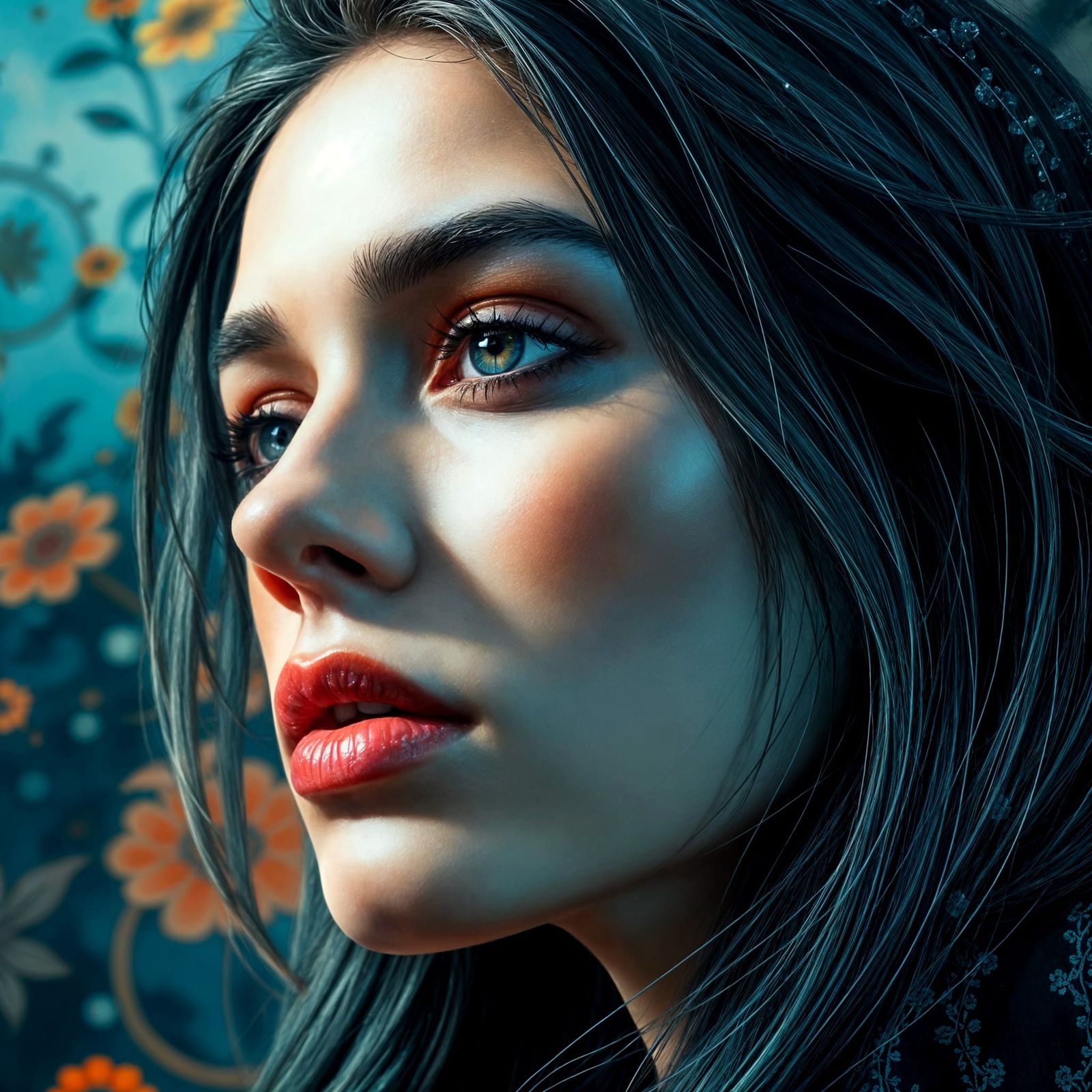 Hyperrealistic Grunge Beauty Portrait in Vibrant Cyan and Bl...