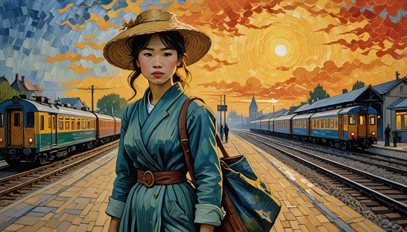 Vietnamese Woman on Train Platform in Impressionist Style