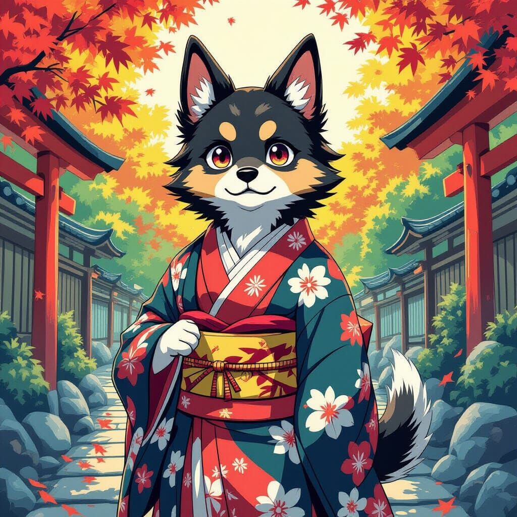 Anime Dog in Kimono, Demon Slayer Style