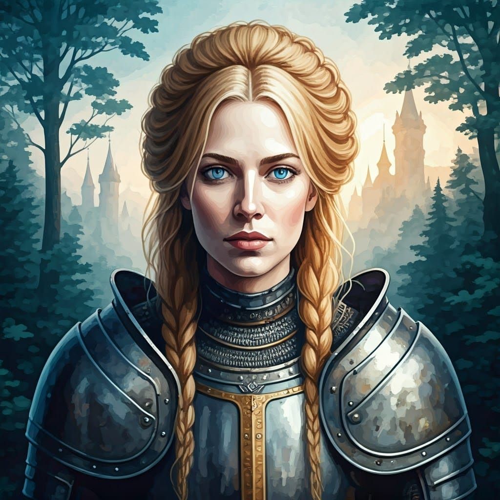 Medieval Blonde Maiden in Armor Surrounded by Morning Mist