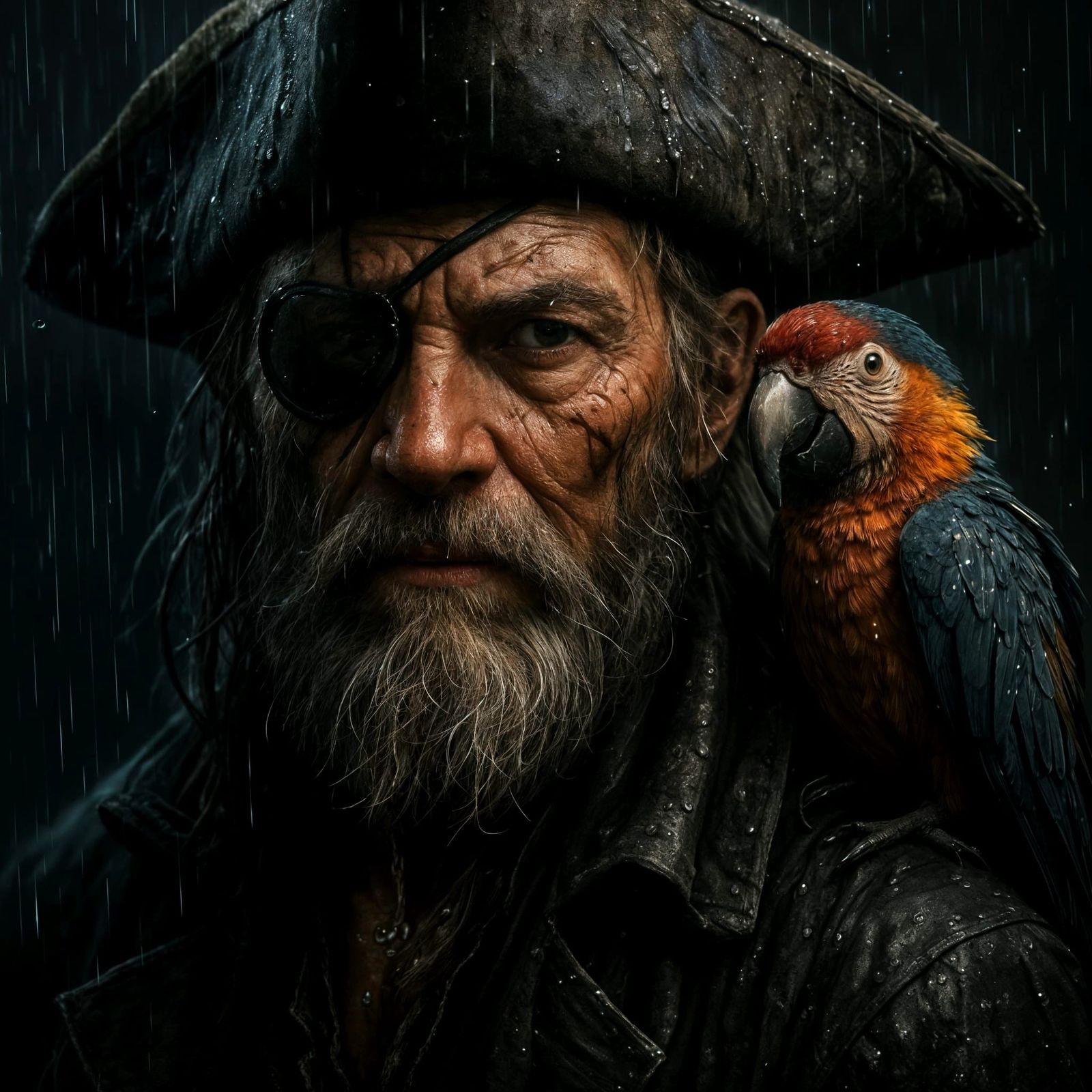 Dramatic Portrait of Weathered Pirate and Macaw