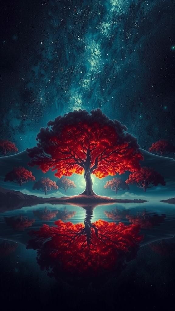 Majestic Red Tree Under Moonlight in Surrealist Style
