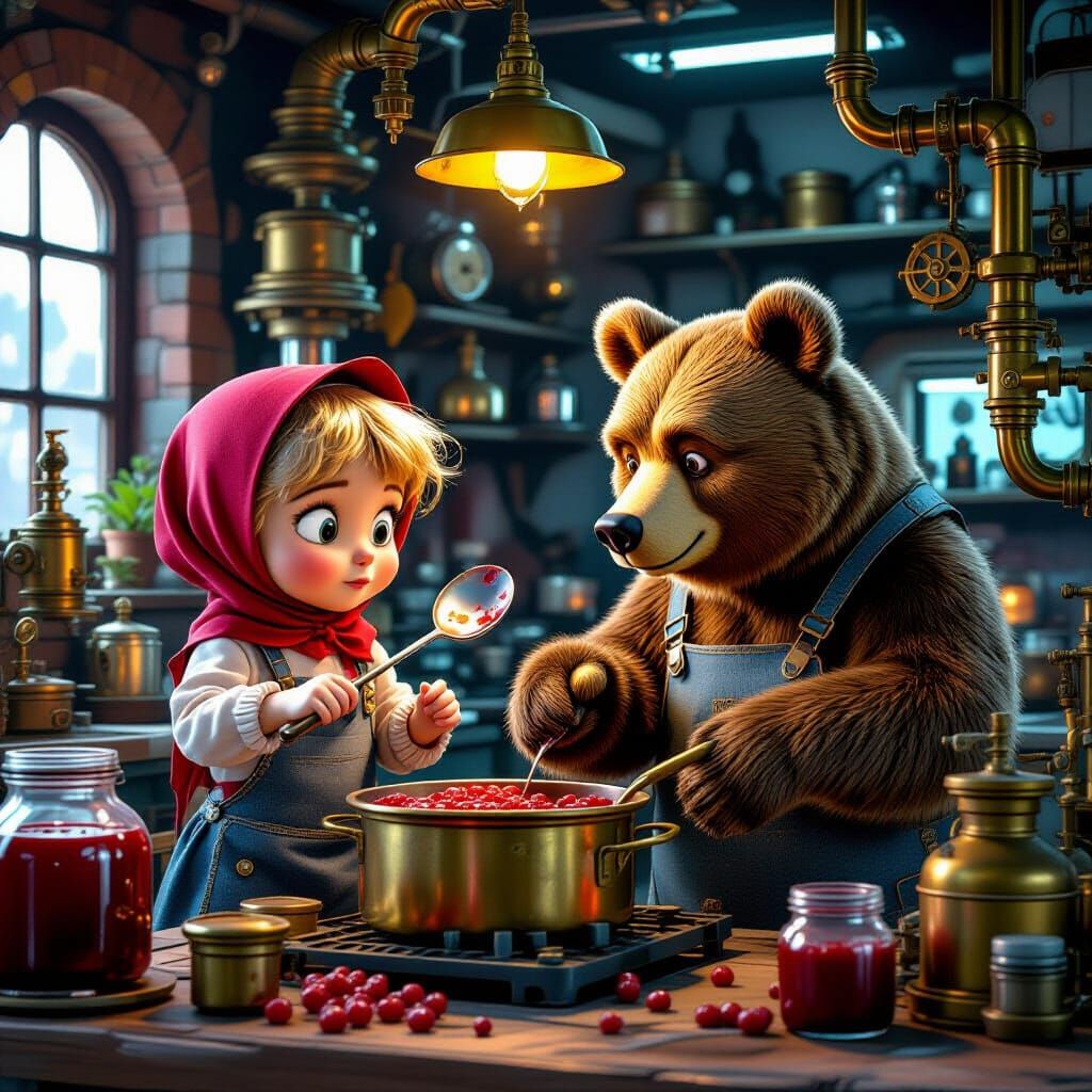 Masha and Bear Make Jam in Steampunk Kitchen