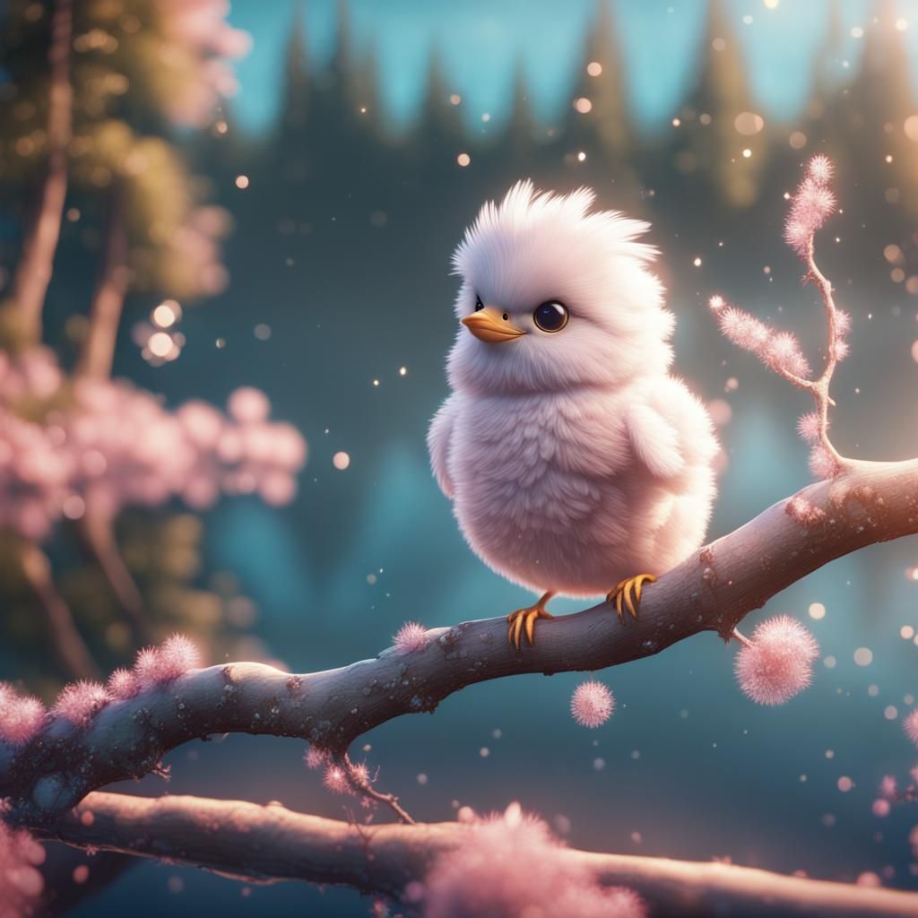 Pastel Bird on Branch with Glittering Lake